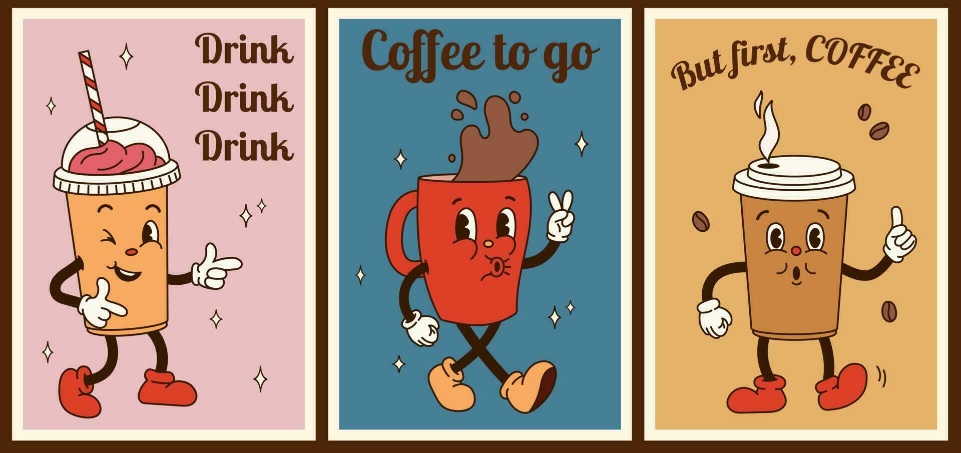 Set 3 posters with groovy coffee characters with motivation quotes in retro cartoon style of 60s 70s. Flat vector illustration.