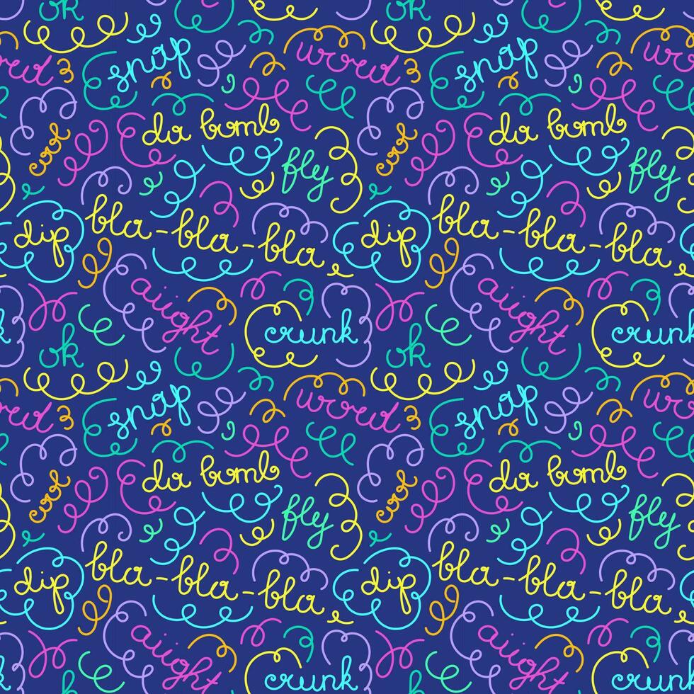 Trendy bright squiggles seamless pattern. Fun line doodle shapes with slang of 90s and curly confetti. Simple childish print. For textile, backdrop, packaging vector