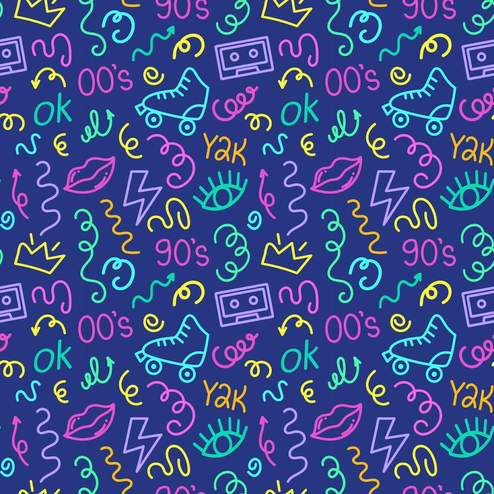 Trendy bright squiggles seamless pattern. Fun line doodle shapes of symbol 90s with curly confetti. Simple childish print. For textile, backdrop, packaging vector