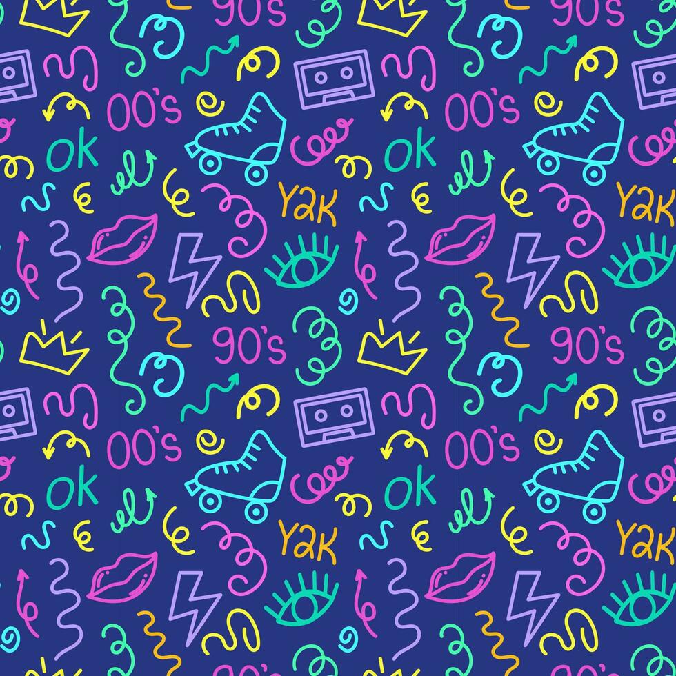 Trendy bright squiggles seamless pattern. Fun line doodle shapes of symbol 90s with curly confetti. Simple childish print. For textile, backdrop, packaging vector