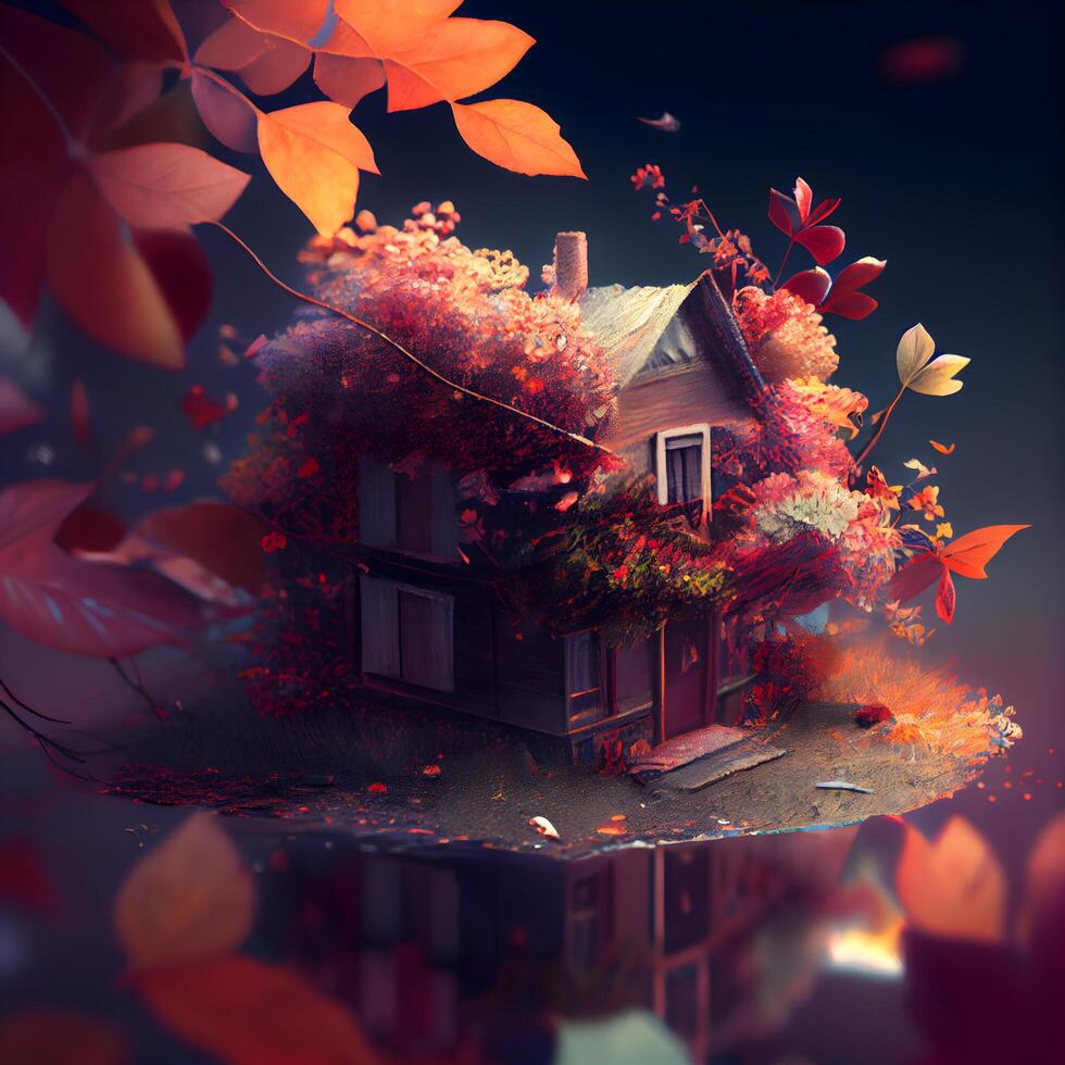 casa con otoño hojas en un oscuro antecedentes. 3d ilustración., ai generativo imagen foto