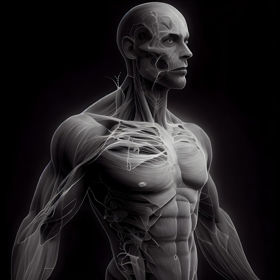 Human Anatomy - Male Muscles with visible skeleton on black background, Image photo