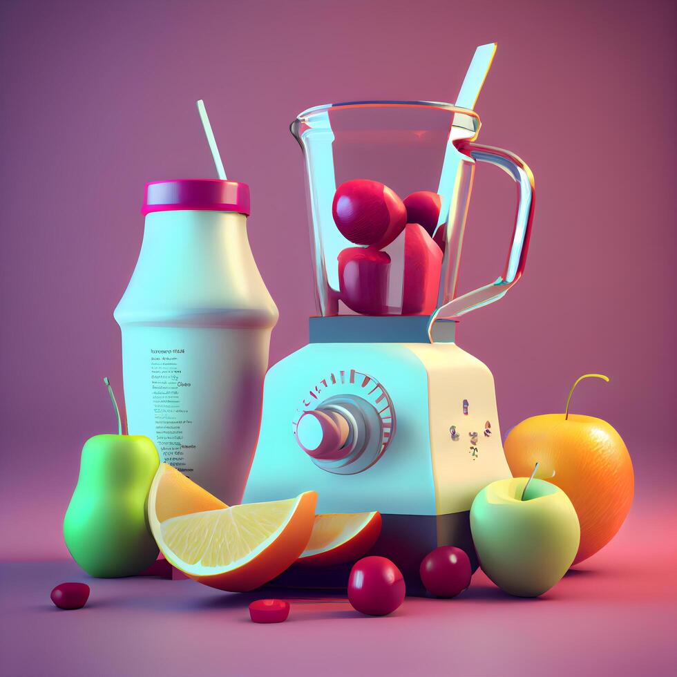 exprimidor con frutas y zalamero botella. 3d ilustración., ai generativo imagen foto