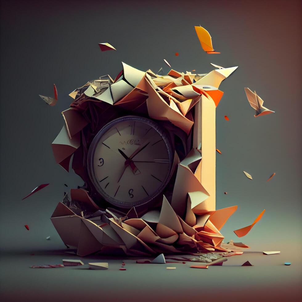 alarma reloj y roto papel. hora concepto. 3d representación, ai generativo imagen foto