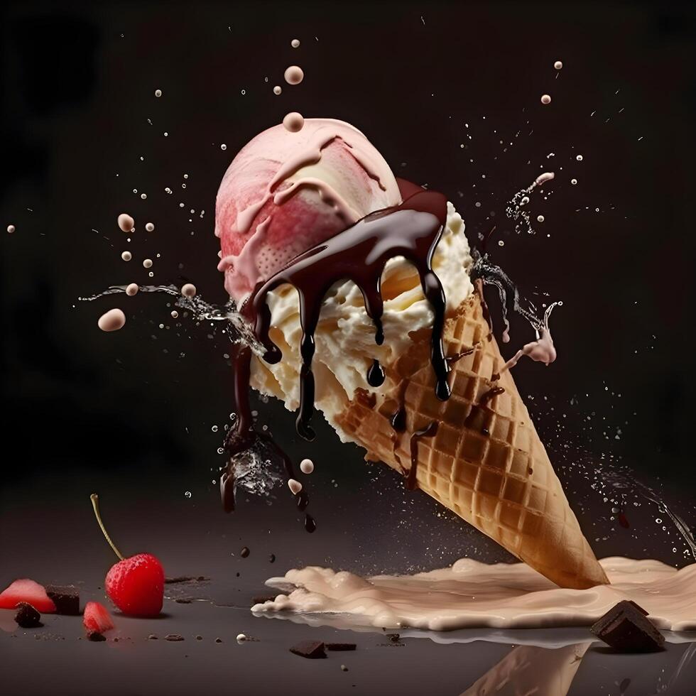 hielo crema en gofre cono con salpicaduras y gotas en gris fondo, ai generativo imagen foto