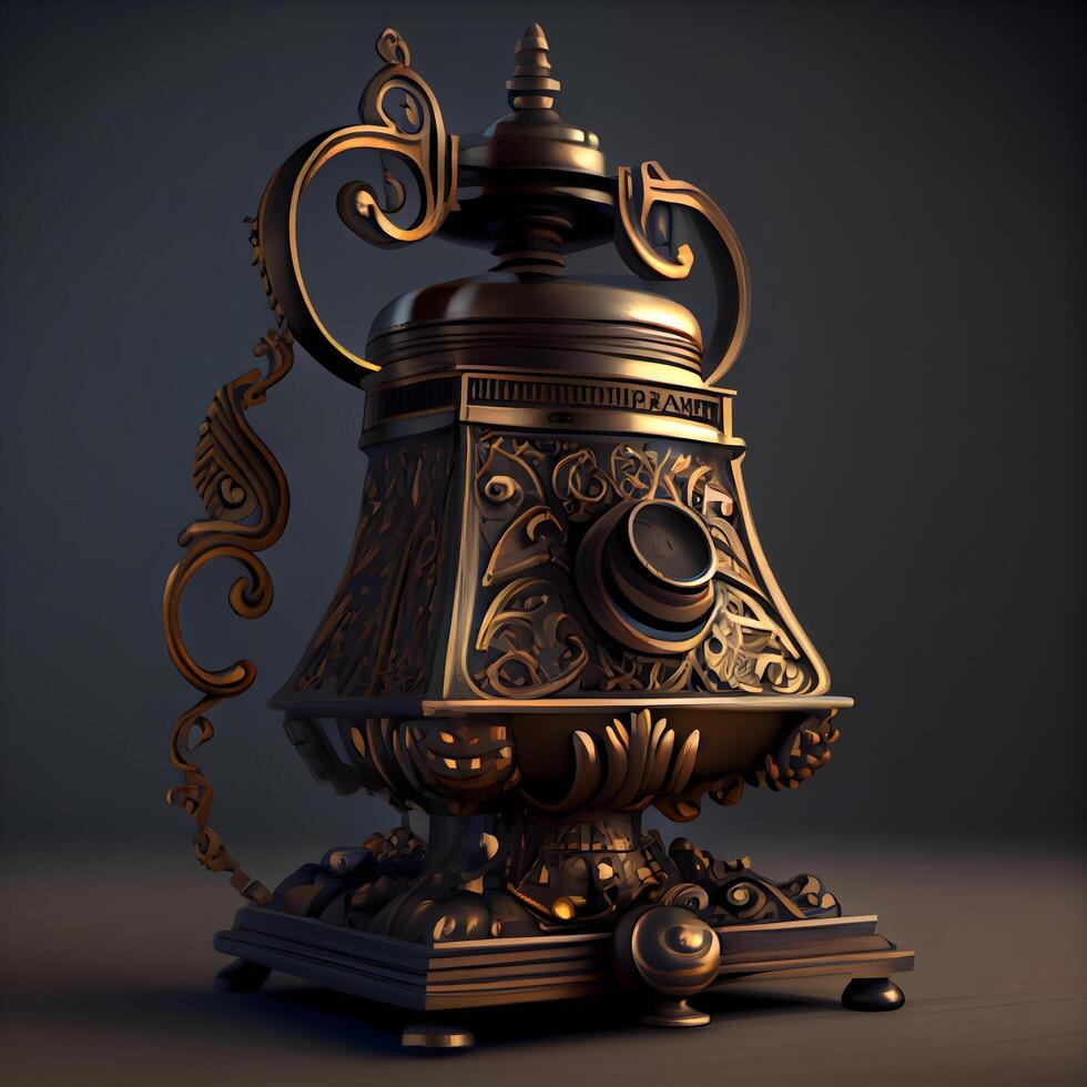 Antique brass coffee pot on a dark background. 3d render, Image photo