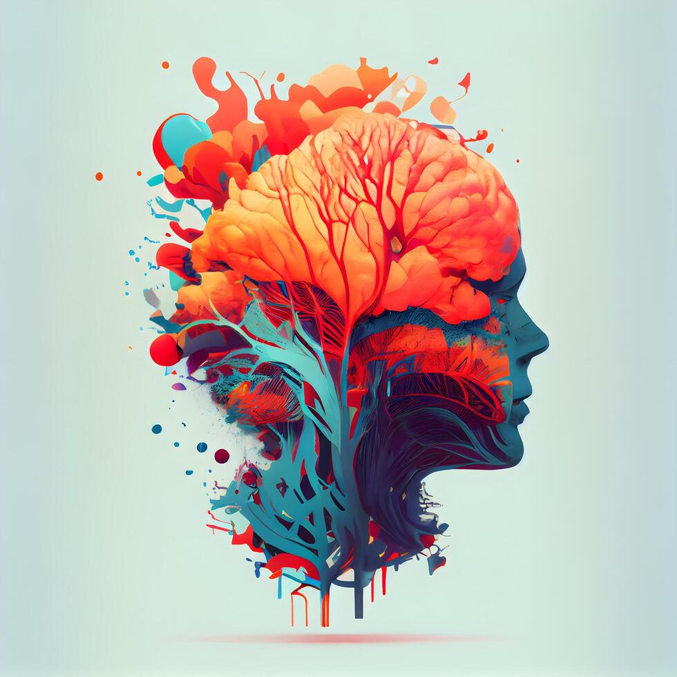 Human head with brain made of colorful splashes. illustration., Image photo