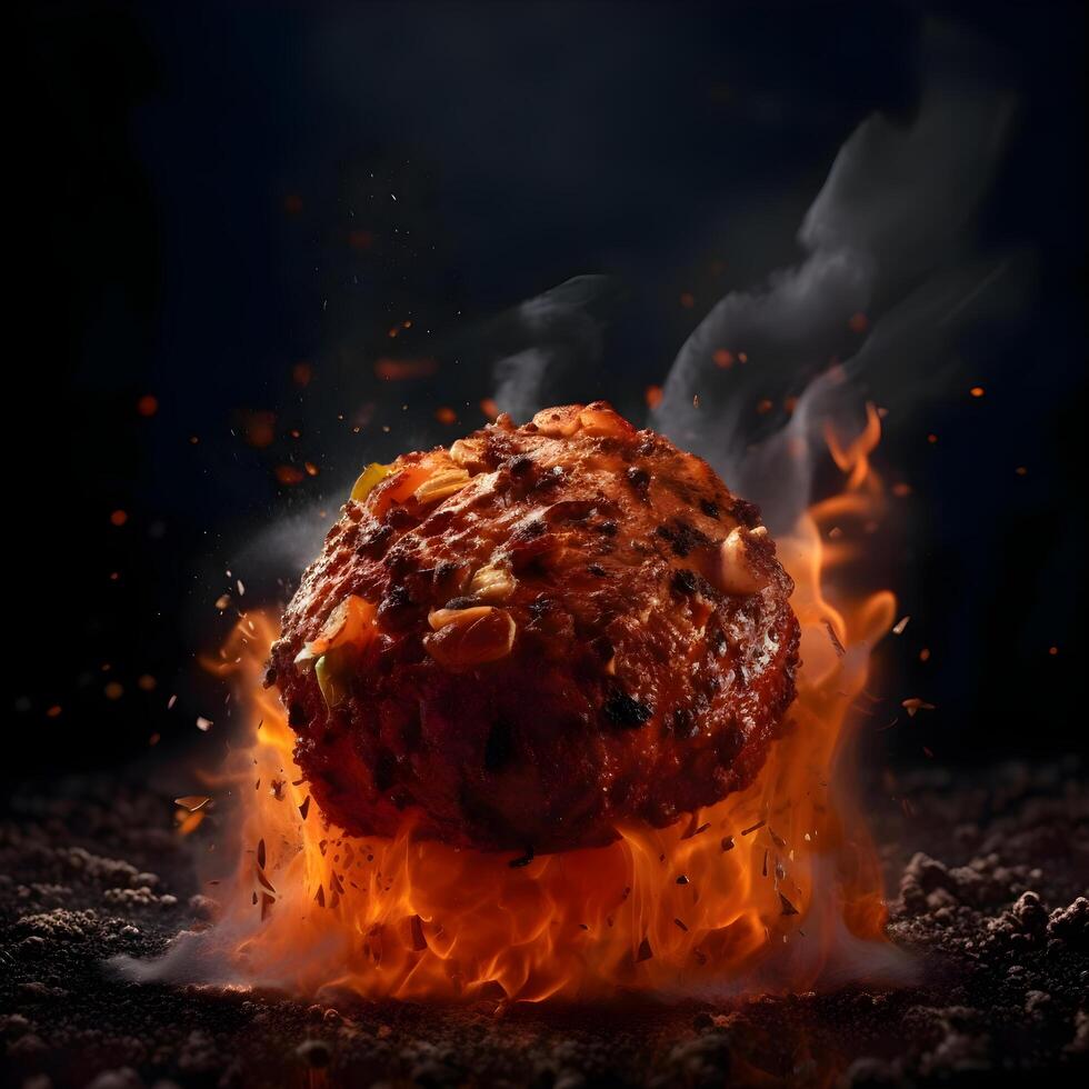 Flaming meat with vegetables on a black background, close up, Image photo