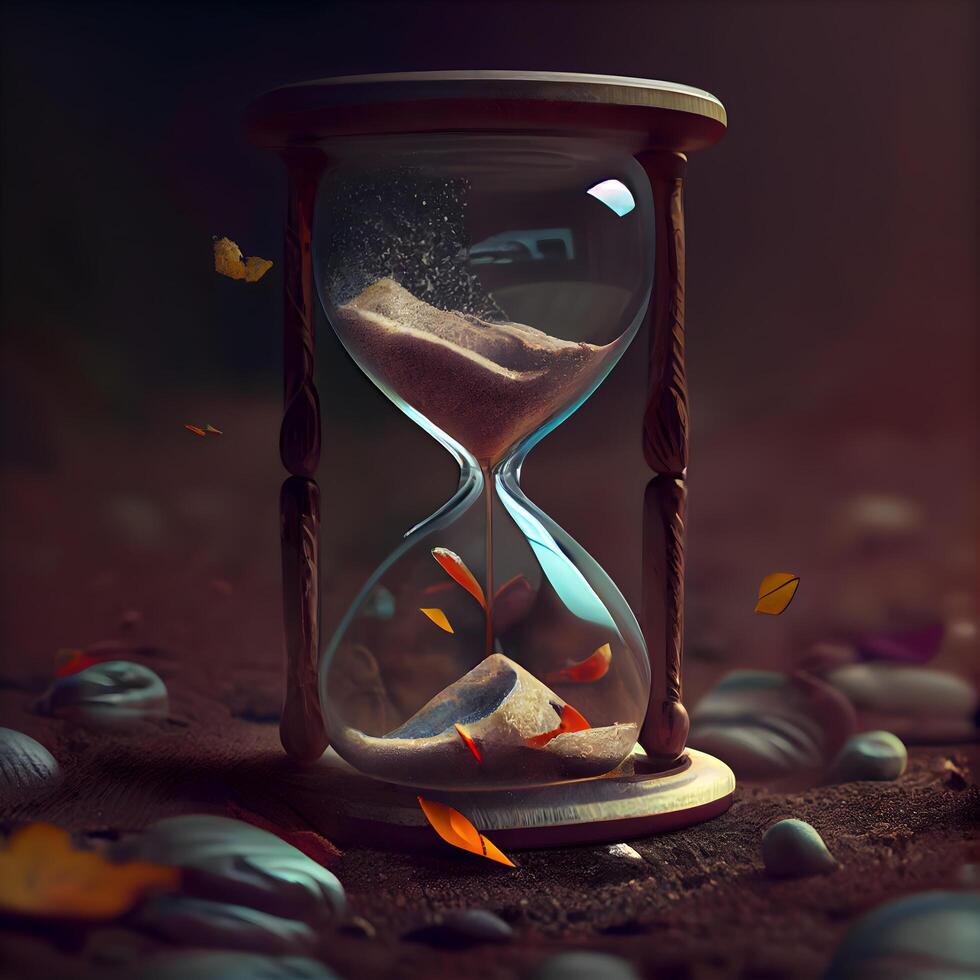 Time concept. Old hourglass with sand and autumn leaves. 3d rendering, Image photo