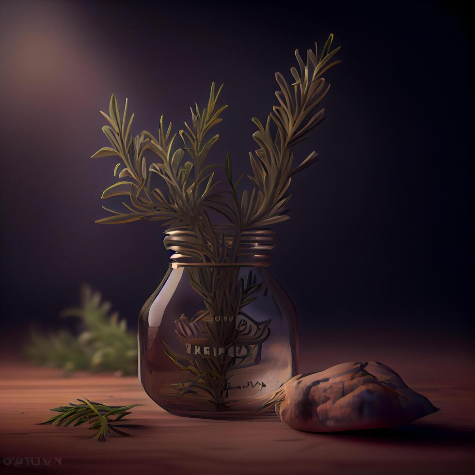Herbs in a glass jar on a wooden background. illustration., Image photo