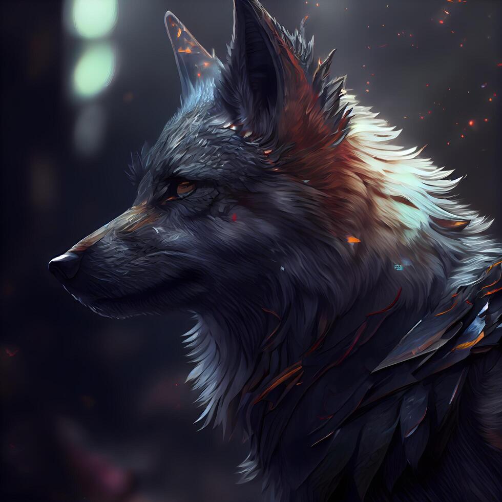 Digital painting of a wolf in a dark forest with fire and smoke, Image photo