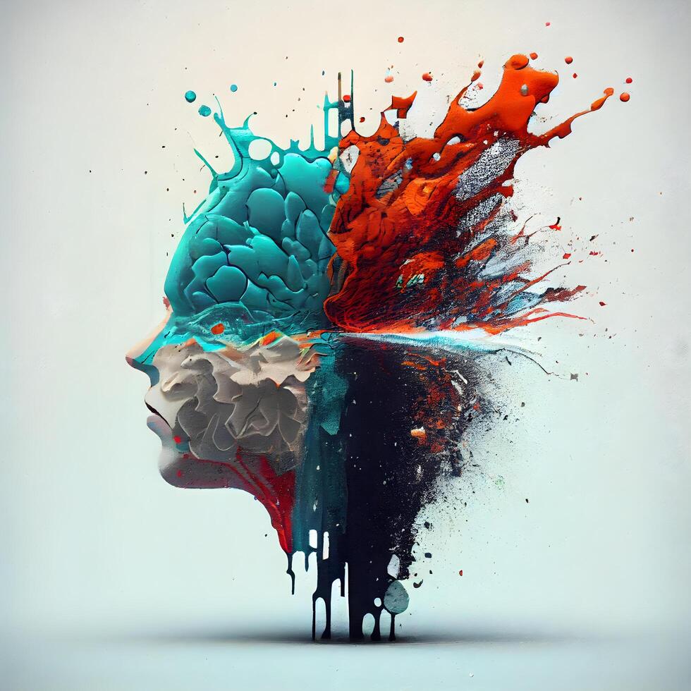Abstract human head made of colorful paint splashes. 3D rendering, Image photo