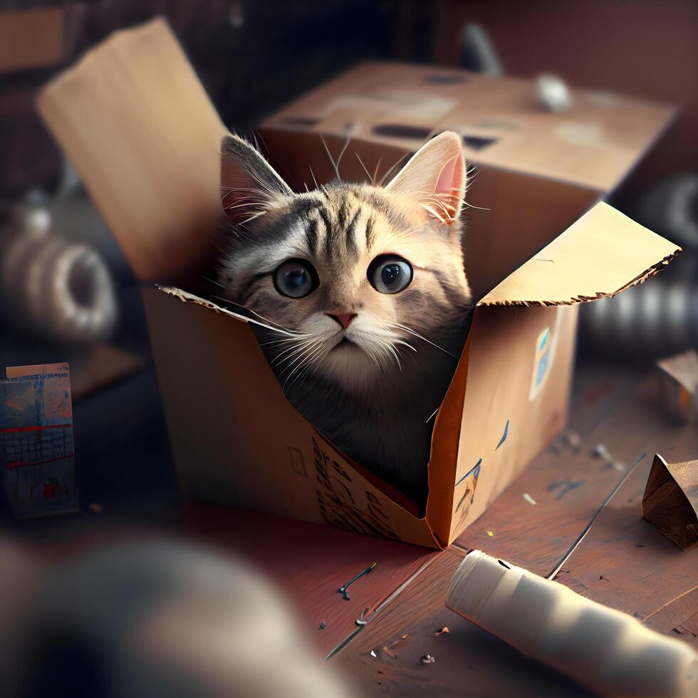 Cute kitten in a cardboard box on a wooden background. 3d rendering., Image photo