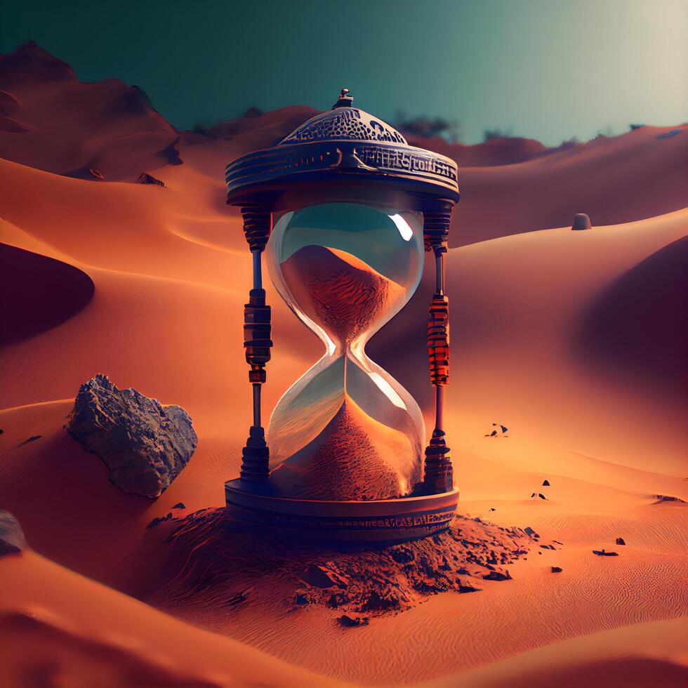 Sand clock in desert sand dunes. 3d render illustration., Image photo