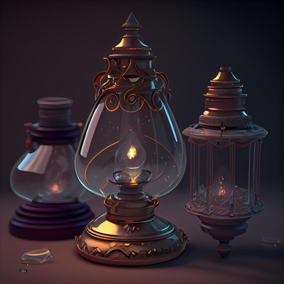 Lanterns with burning candles on dark background. 3d illustration, Image photo