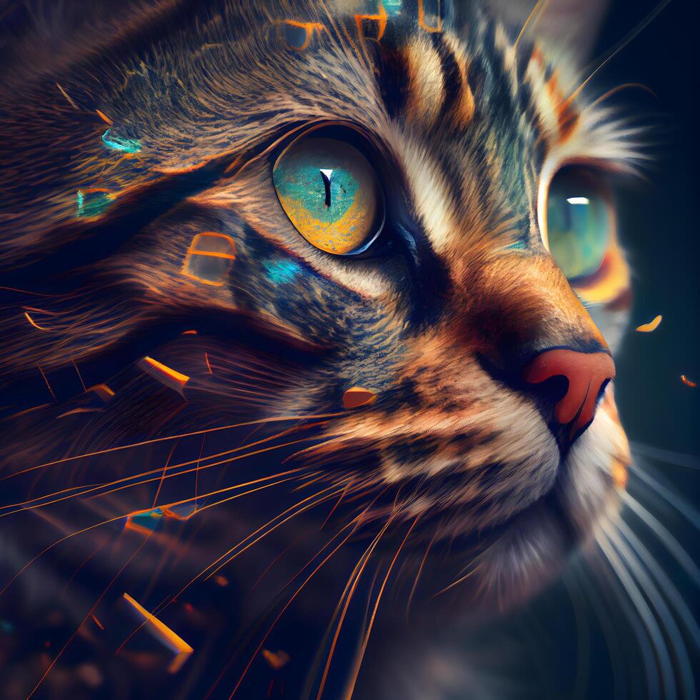 Fantasy portrait of a cat with yellow eyes. 3D rendering, Image photo