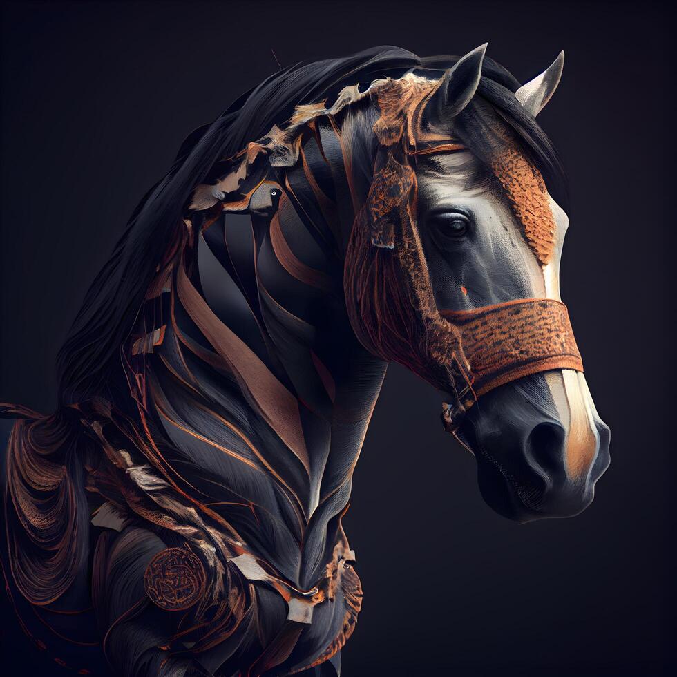 retrato de un caballo en un negro antecedentes. 3d representación, ai generativo imagen foto