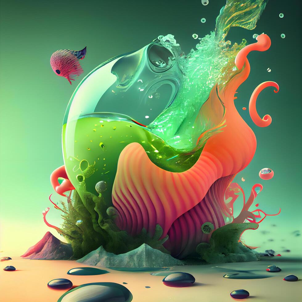 3D illustration of abstract background with colorful waves and bubbles in water, Image photo