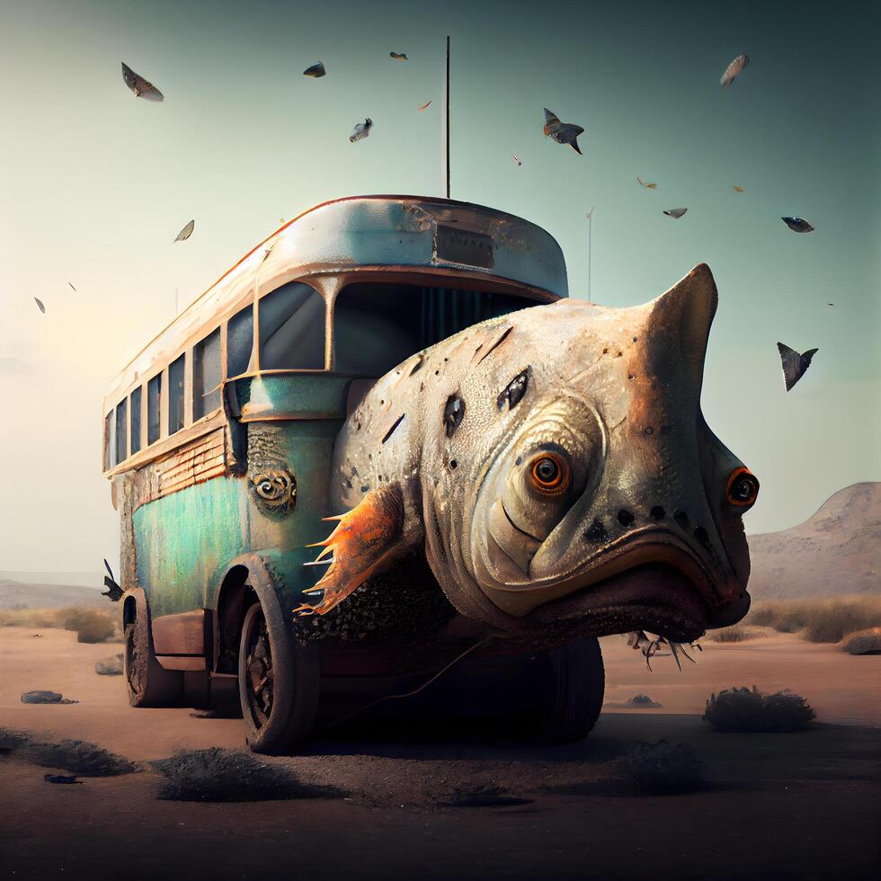 Abandoned old school bus in the desert. 3d rendering, Image photo