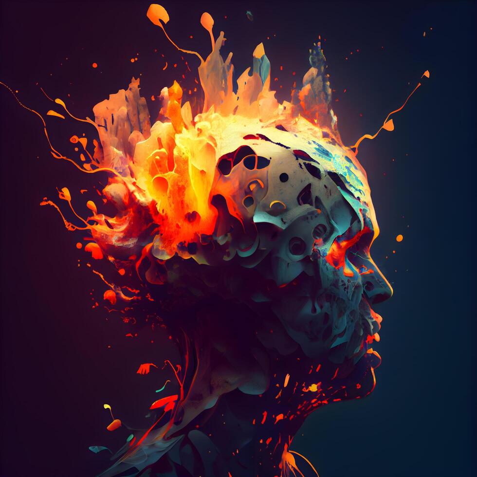 3D illustration of a human head with a colorful explosion of paint, Image photo