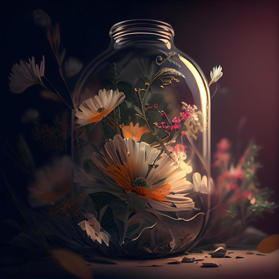 Vintage glass jar with wildflowers on dark background. 3d rendering, Image photo