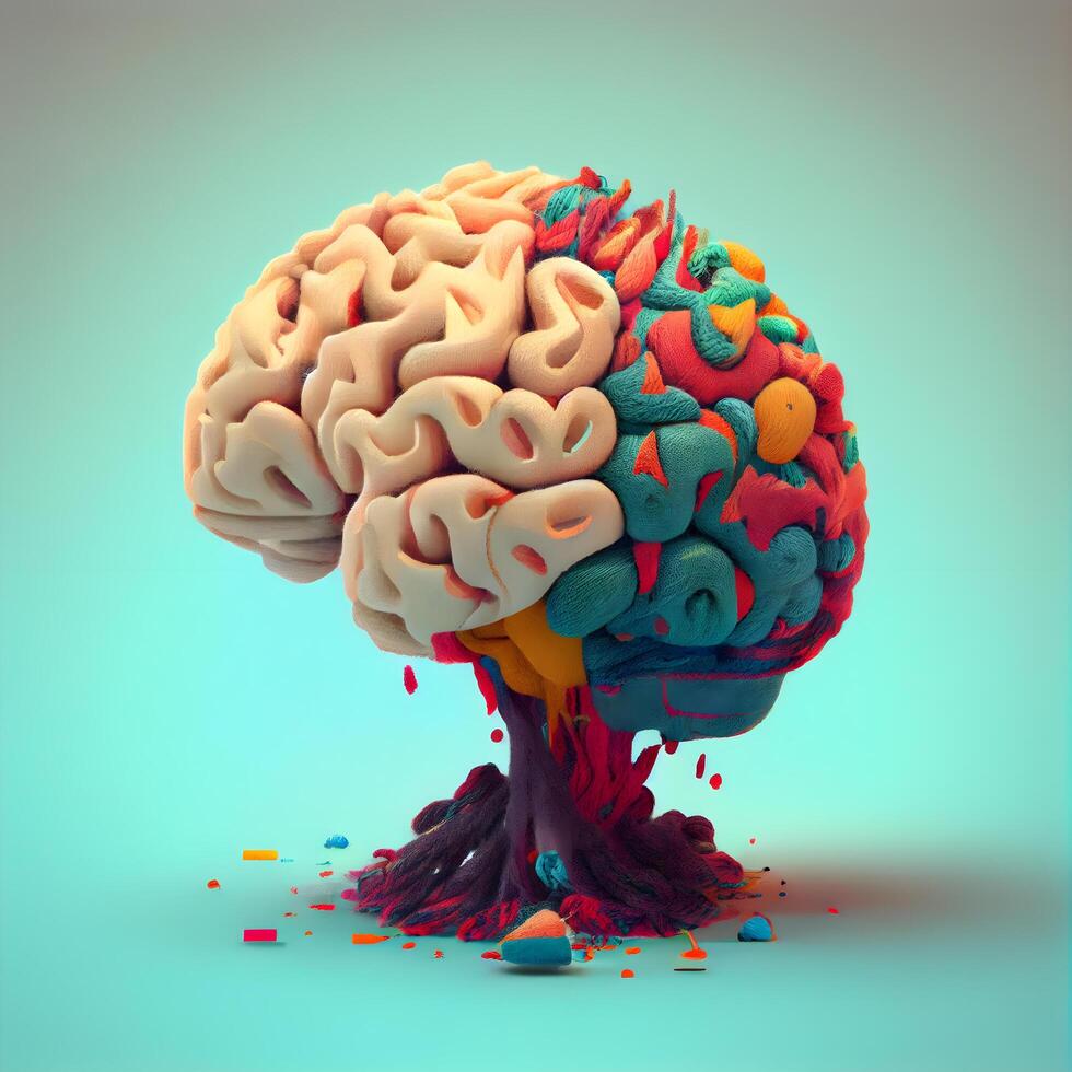 Human brain made of colorful plasticine on blue background. 3d illustration, Image photo