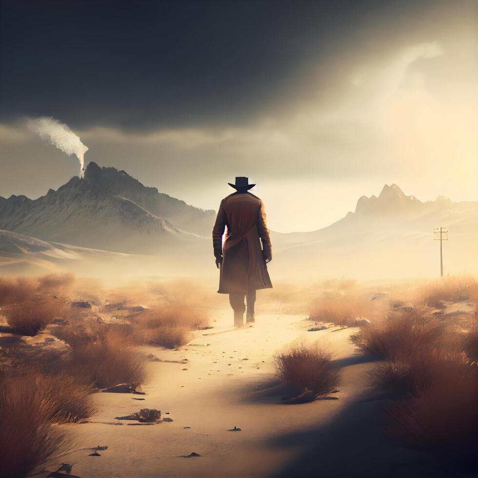 Man in hat and coat walking in the desert. 3d rendering, Image photo