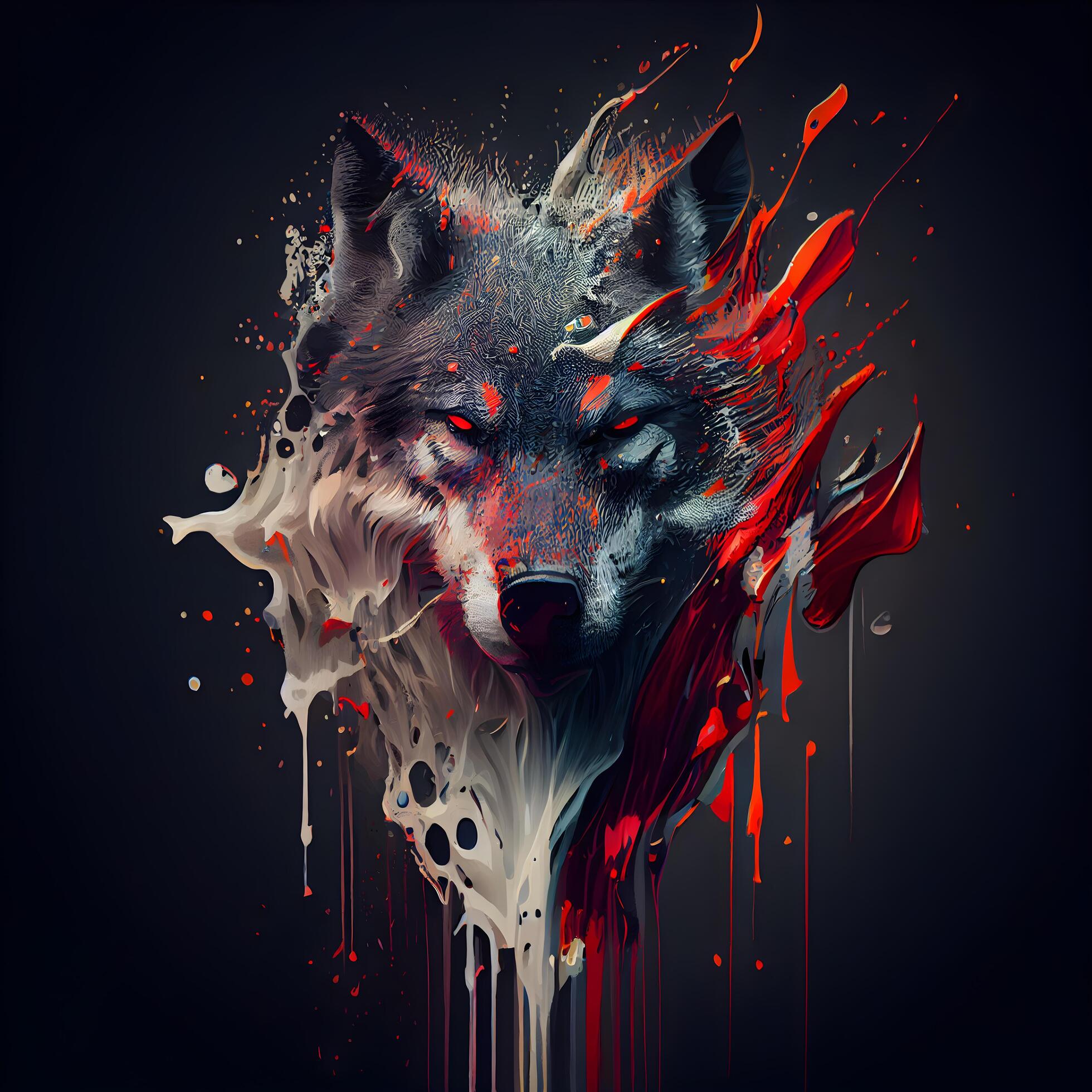 Illustration of a wolf head with paint splashes on a black background