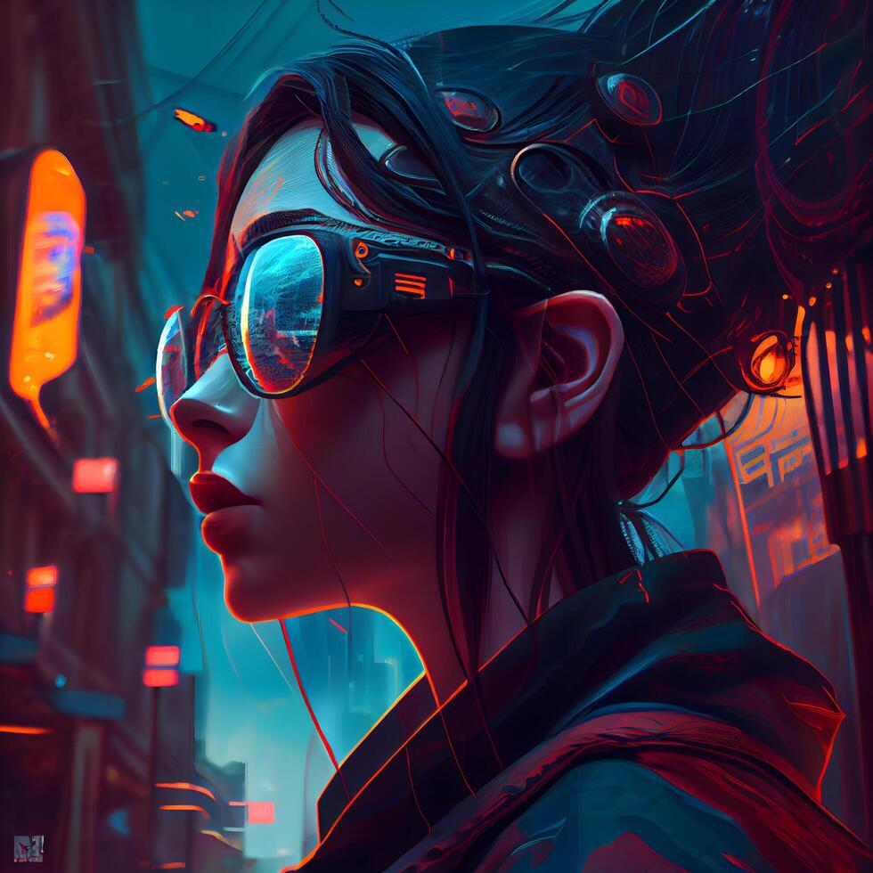 3D rendering of a female cyborg in the city at night, Image photo
