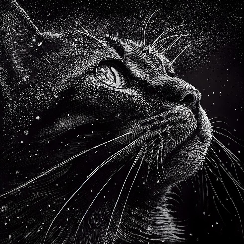 black cat on a black background with stars in the night. hand drawing, Image photo