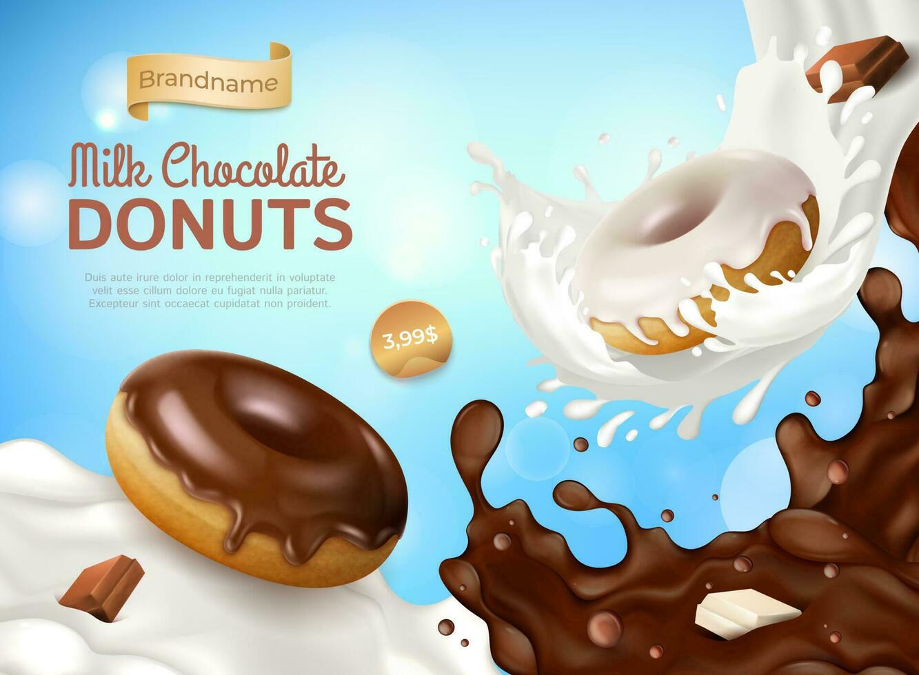 Realistic Detailed 3d Milk Chocolate Donuts Ads Banner Concept Poster Card. Vector