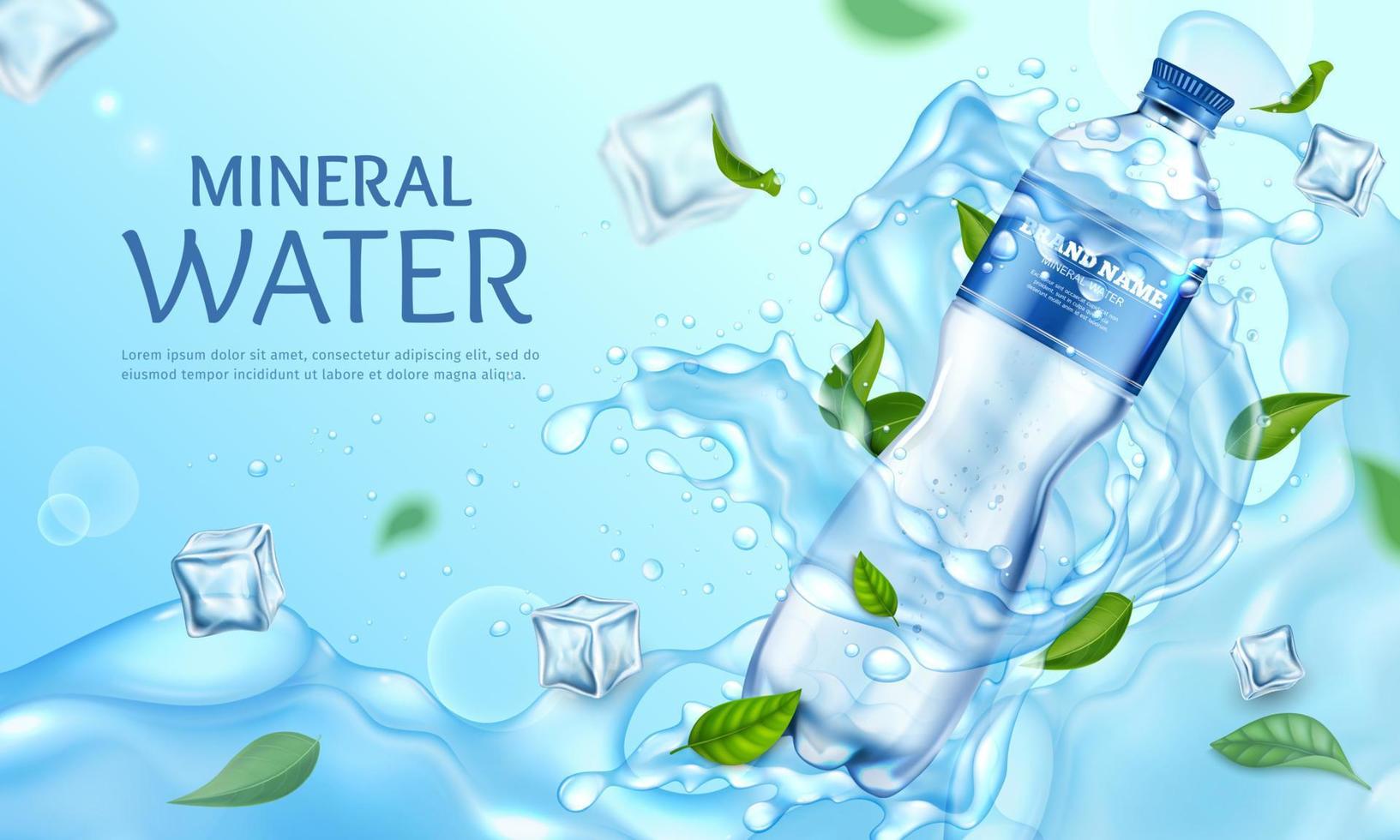 Realistic Detailed 3d Mineral Water Plastic Bottle with Splash and Green Leaves Ads Banner Concept Poster Card. Vector