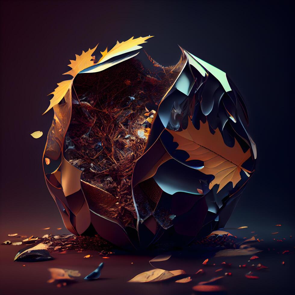 3d illustration of abstract polygonal object with autumn leaves., Image photo