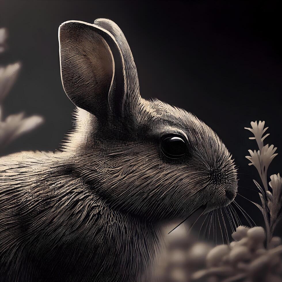 Rabbit with flower in black and white - 3D illustration., Image photo