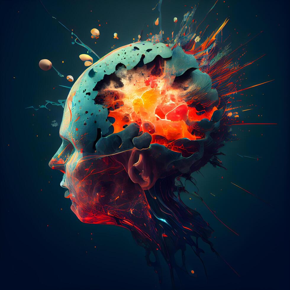Human head with colorful splash on dark background. 3D rendering., Image photo