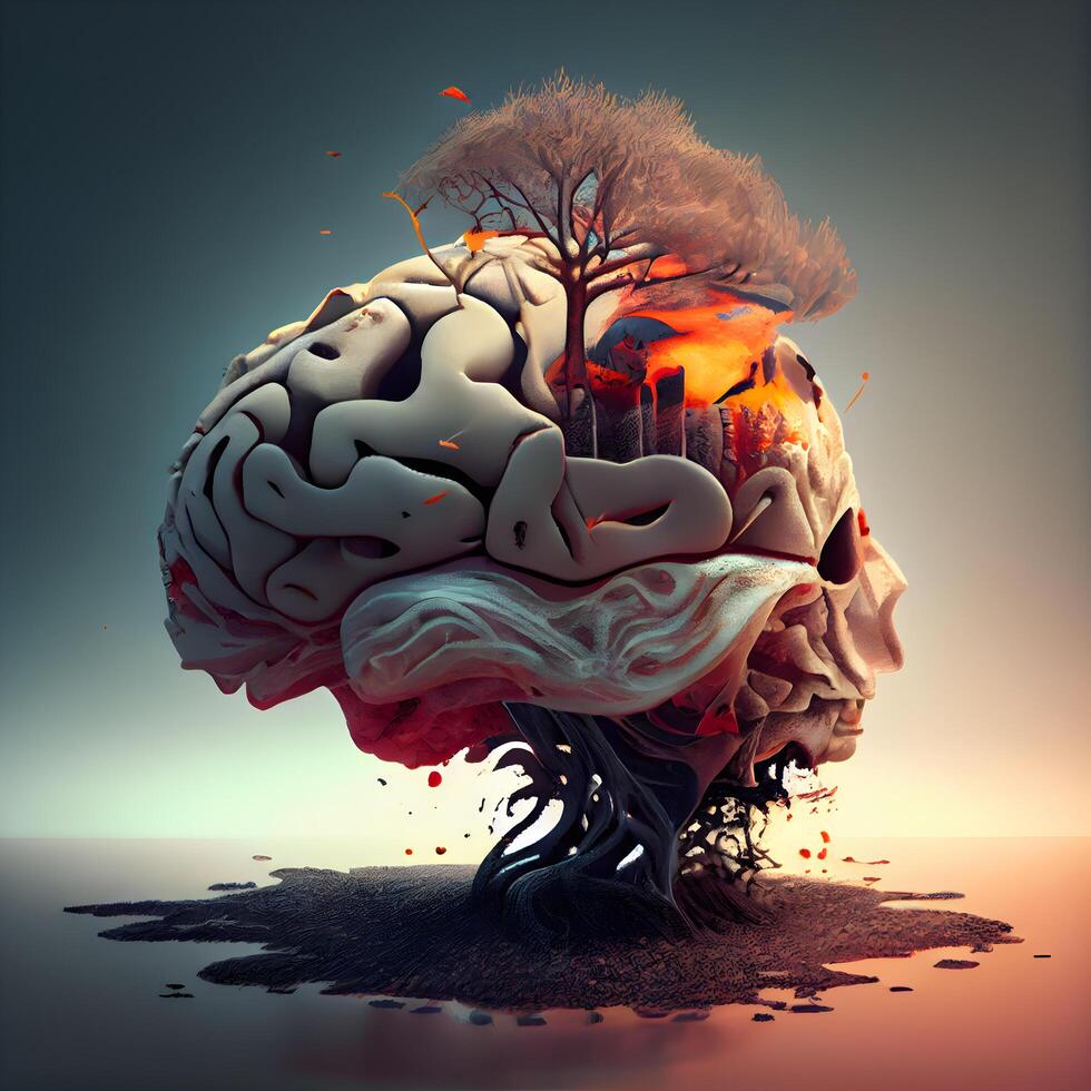 conceptual imagen de humano cerebro con ardiente árbol en lugar de cerebro, ai generativo imagen foto