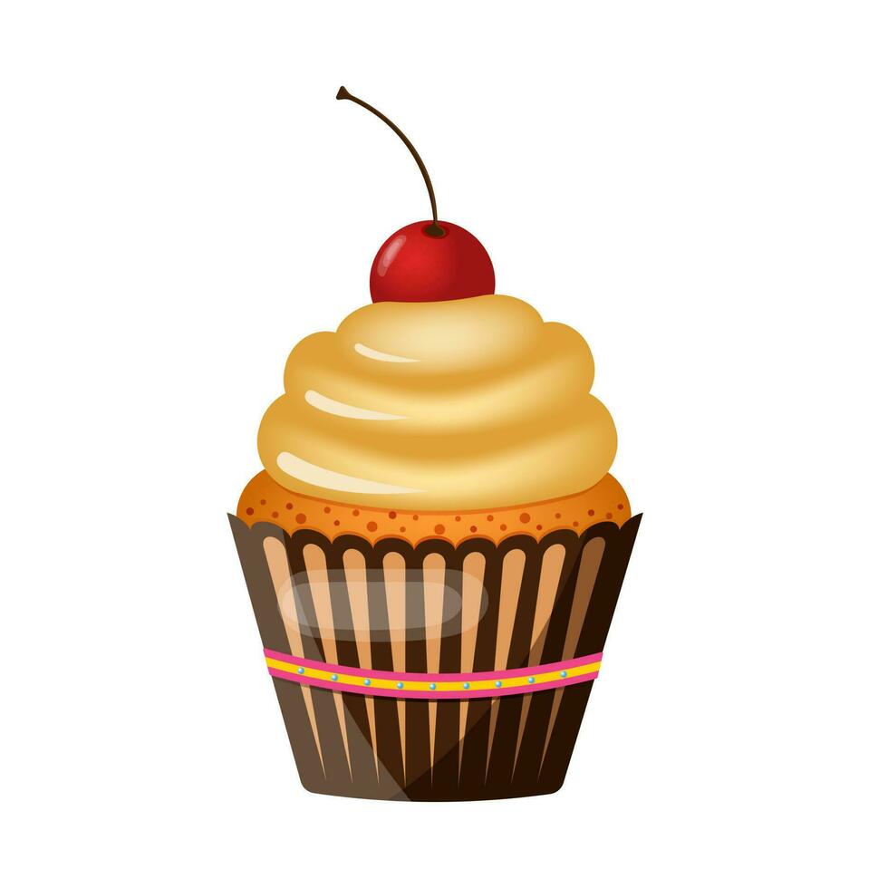 Cupcake. Vintage retro cupcake with cream and cherries. Vector illustration.