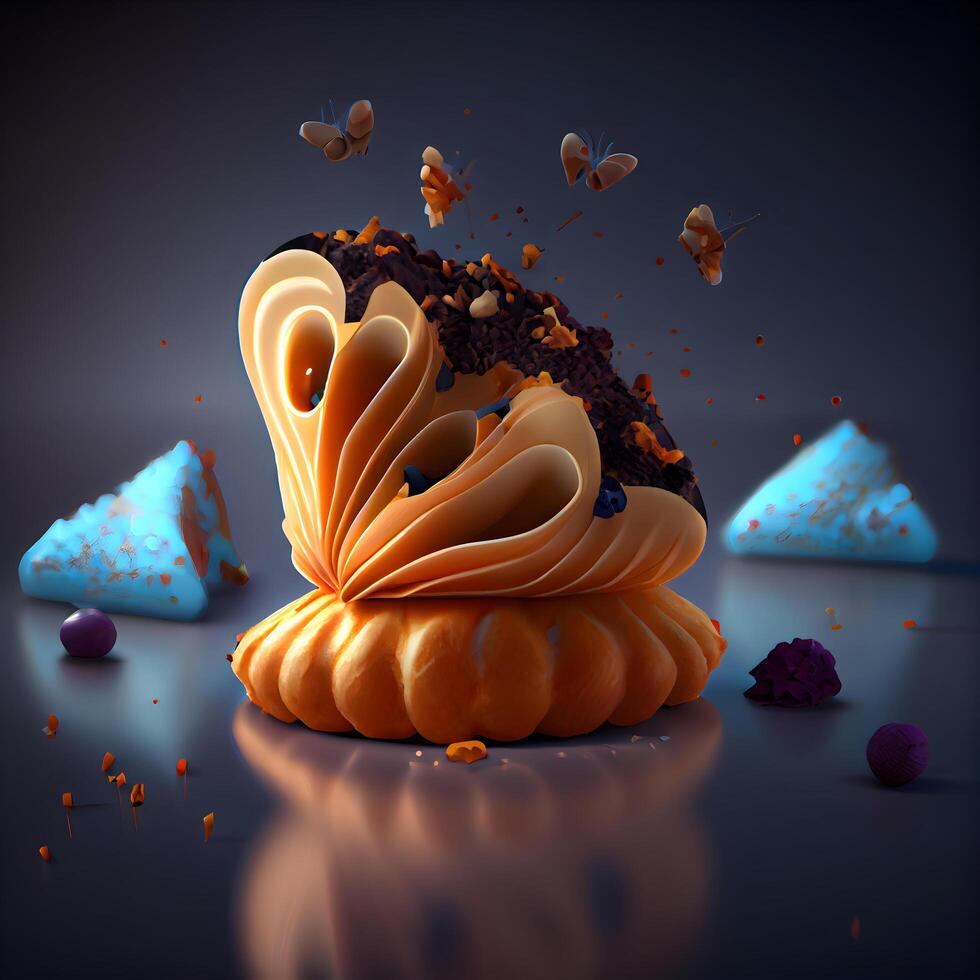 Cupcake with chocolate and butterflies on a dark background. 3d illustration, Image photo