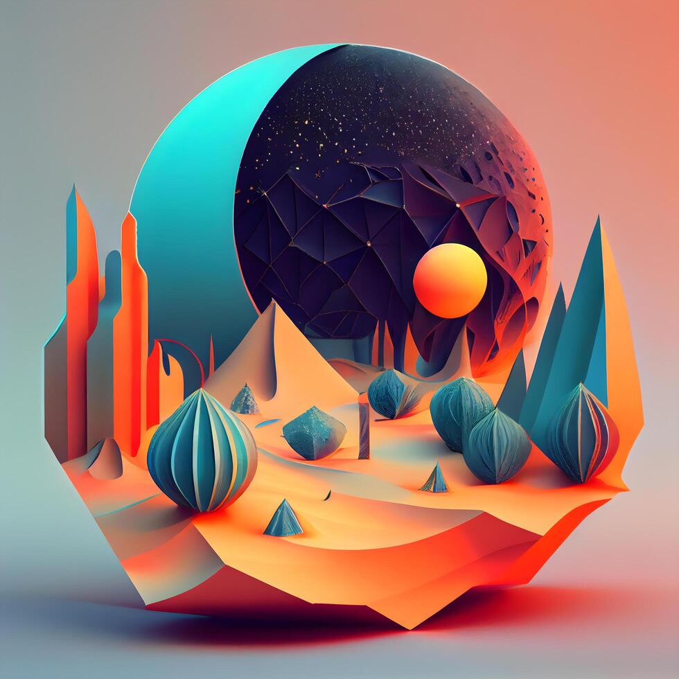 3d illustration of a fantastic landscape with a planet and a city, Image photo