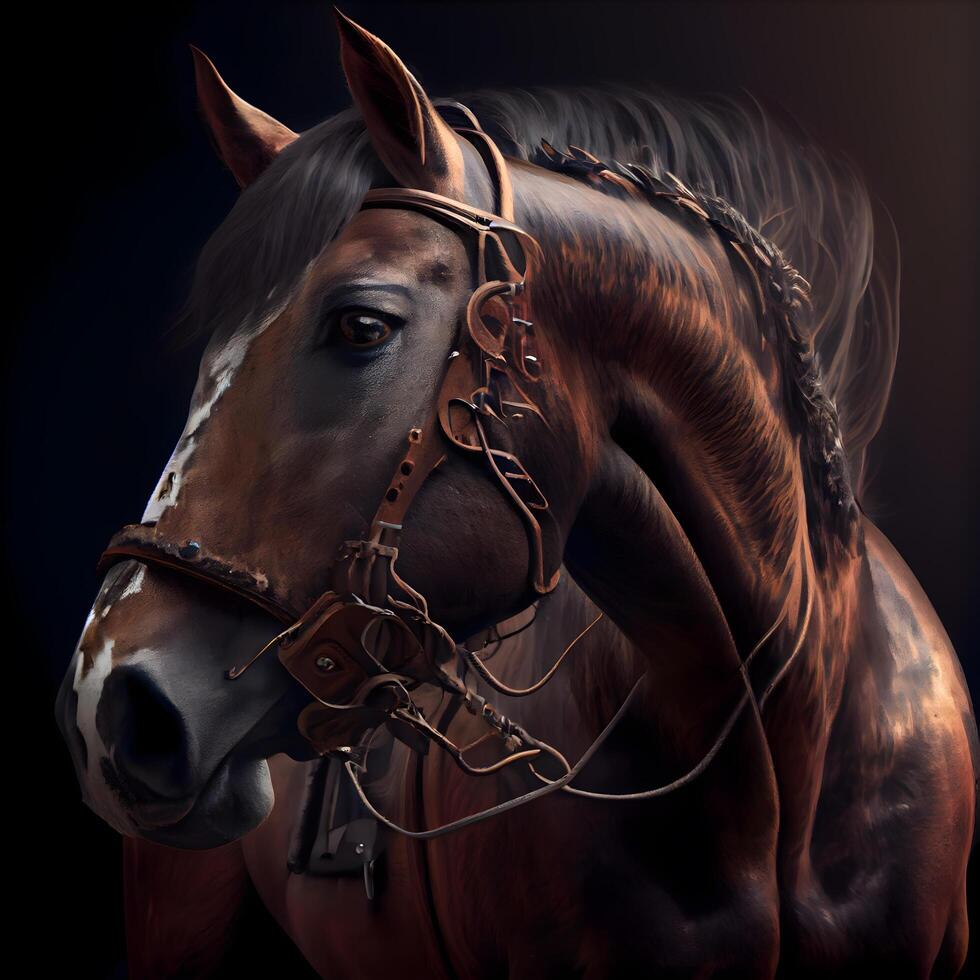 Portrait of a horse in a bridle on a black background, Image photo