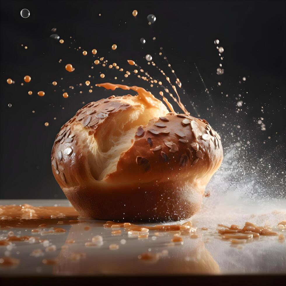 Freshly baked bread on a black background with splashes of water, Image photo