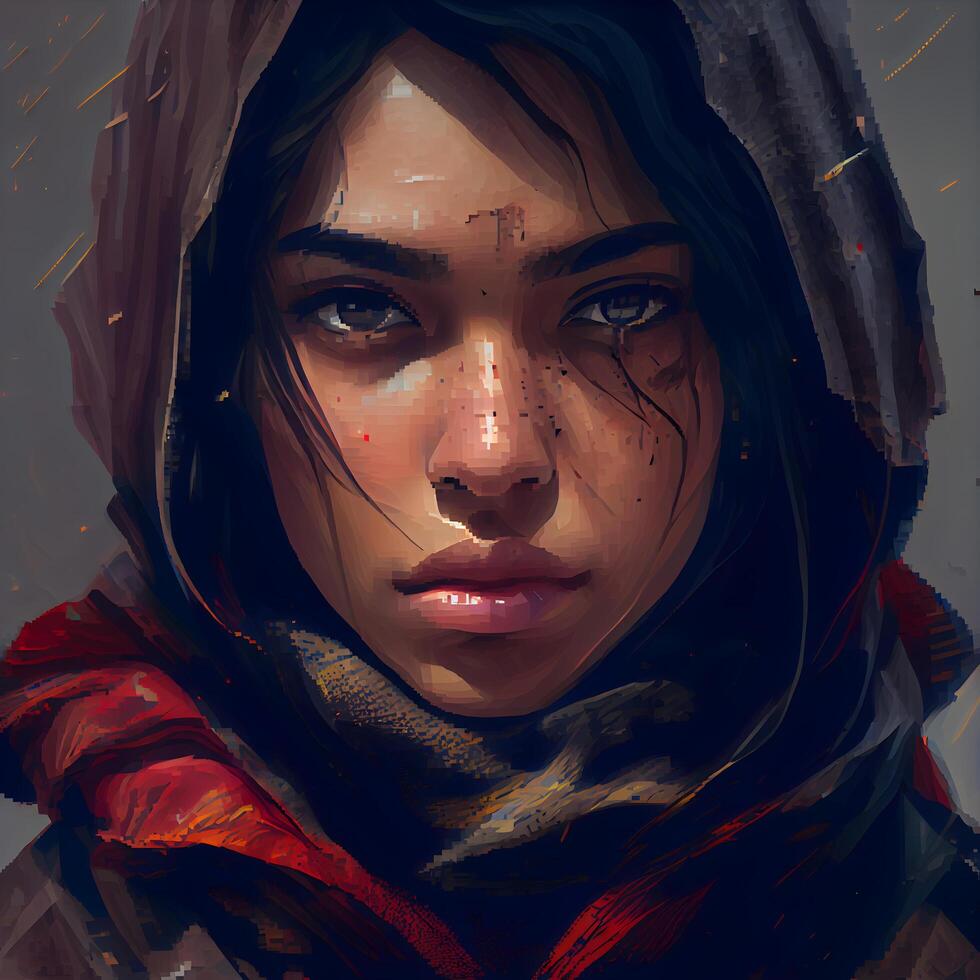 Portrait of a beautiful dark-haired girl in a scarf., Image photo