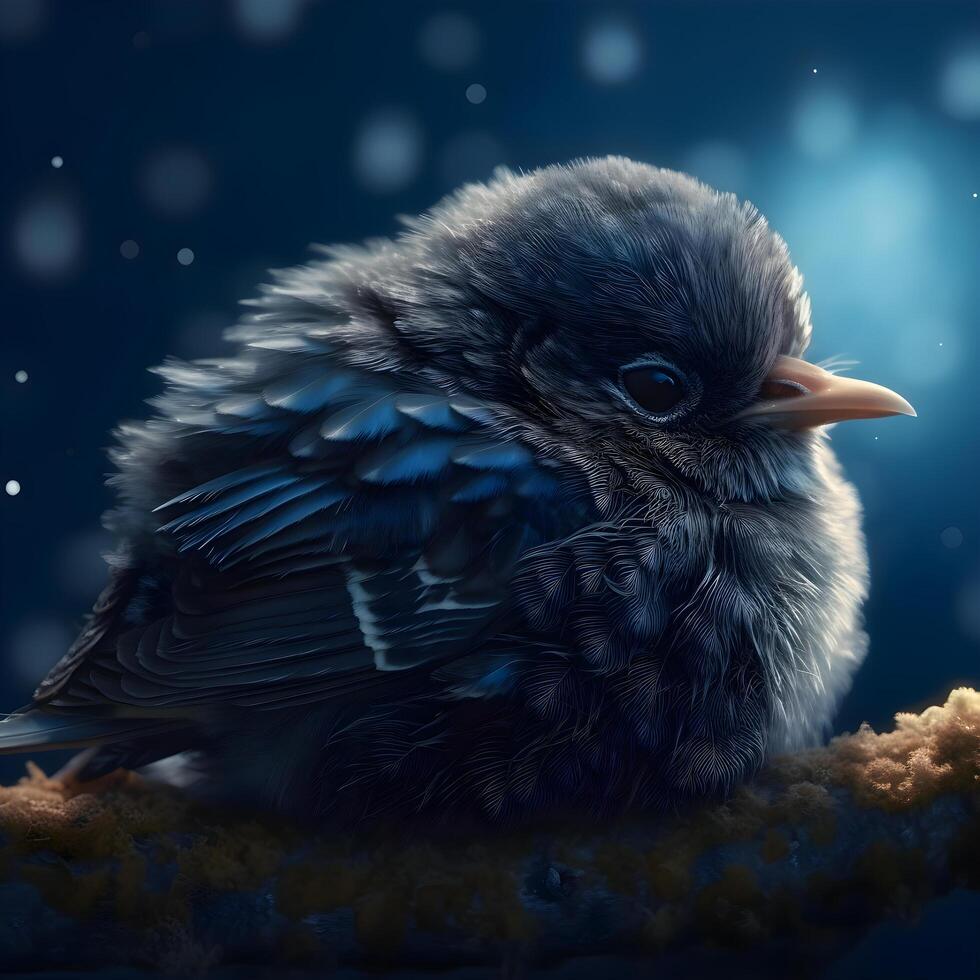 Cute little bird sitting on a snow covered hill in the night, Image photo