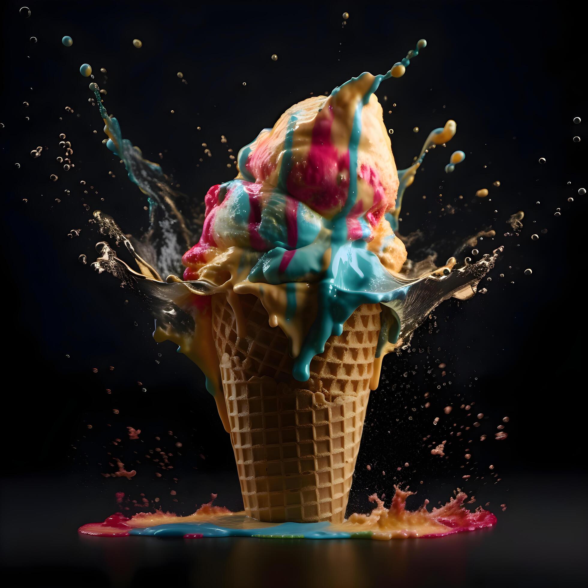 Ice cream splashing out of a waffle cone on black background, Image