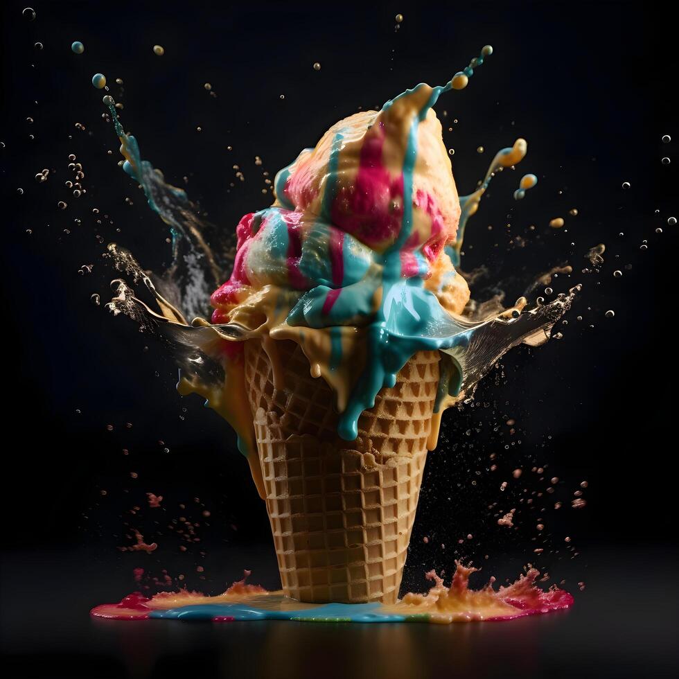 Ice cream splashing out of a waffle cone on black background, Image photo