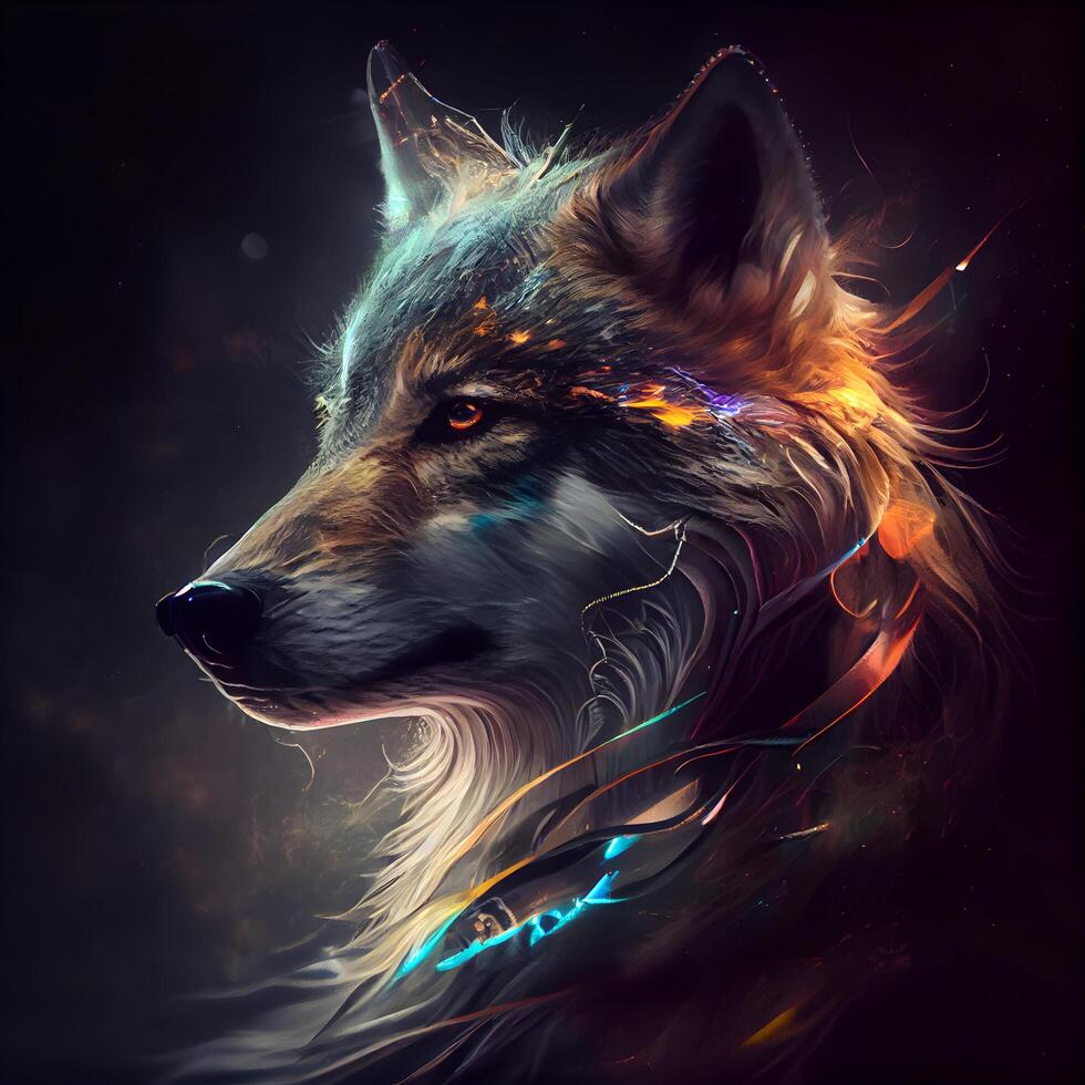 Portrait of a wolf with multicolored lights in the background, Image photo