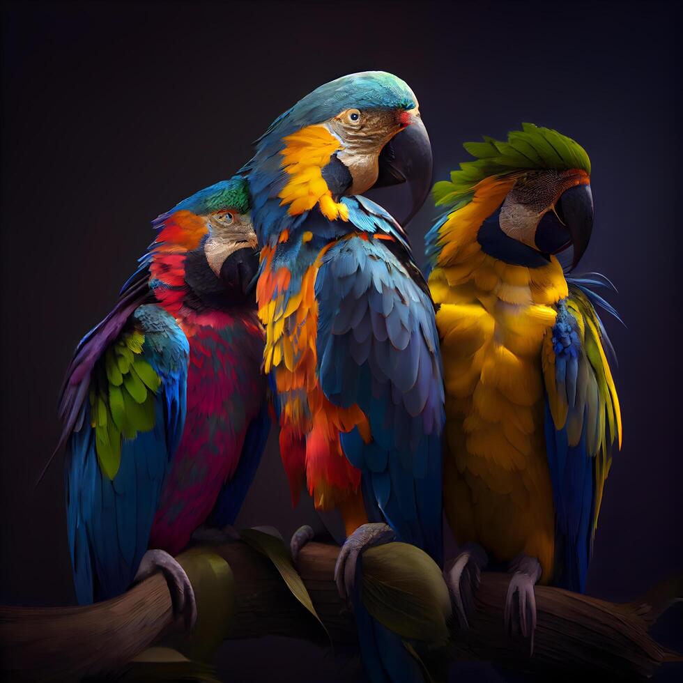 vistoso guacamayo loros aislado en negro antecedentes. 3d representación, ai generativo imagen foto