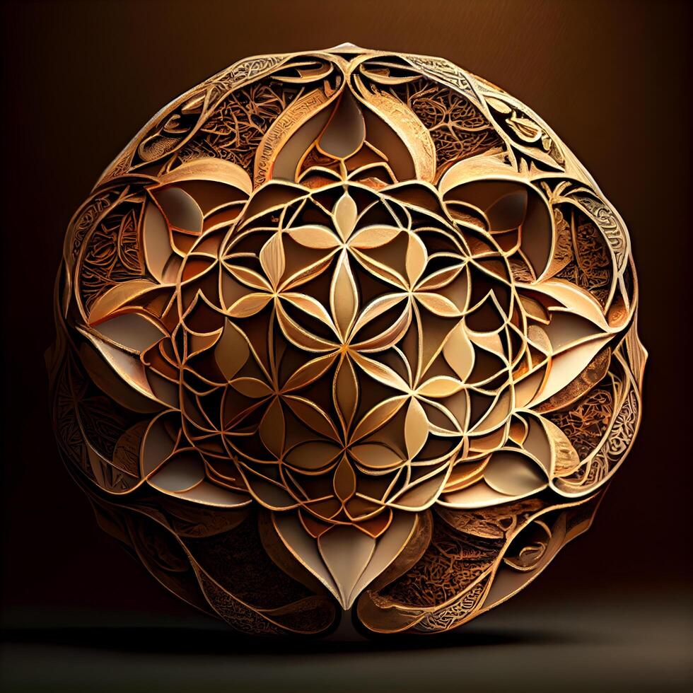 3d illustration of a golden sphere with ornament on a brown background, Image photo