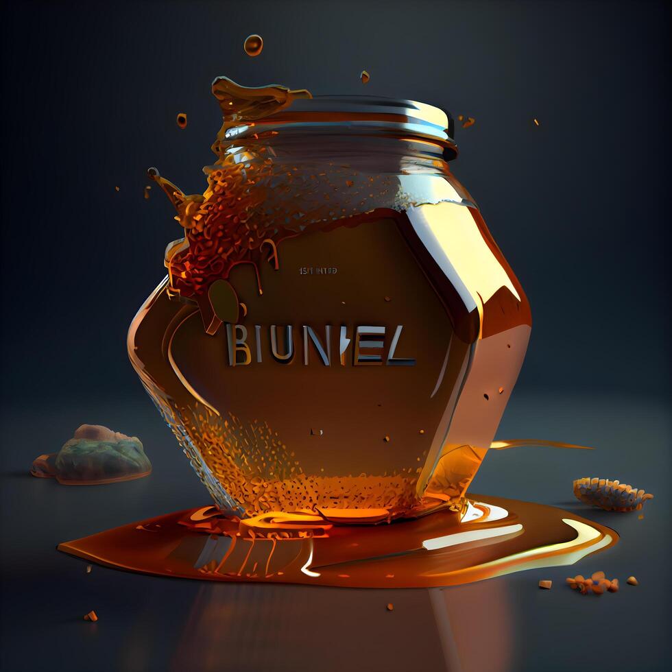 Honey splash in glass jar on dark background. 3d illustration, Image photo