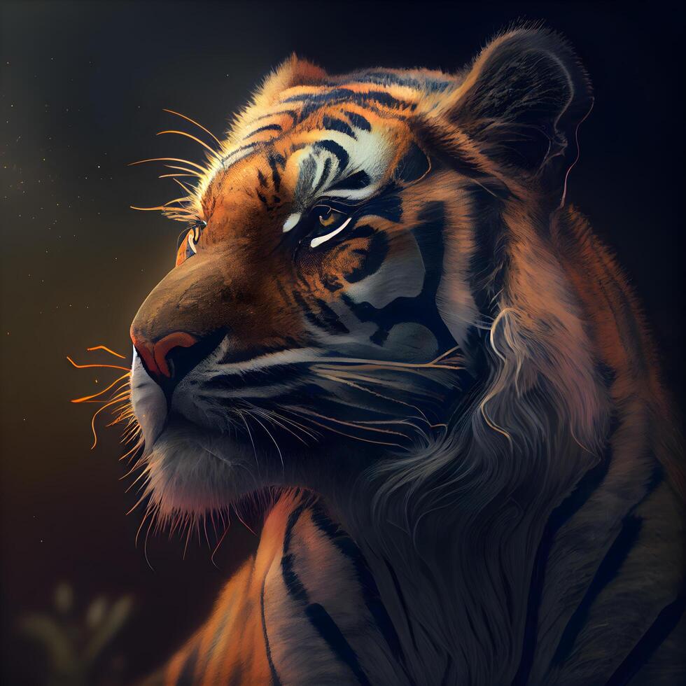 Portrait of a tiger on a dark background. Digital painting., Image photo